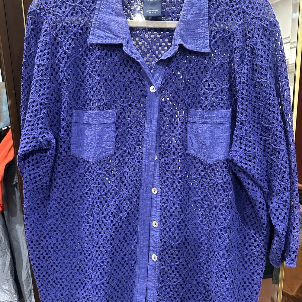 Susan Graver Women's Royal Blue Lace Button-Up Blouse